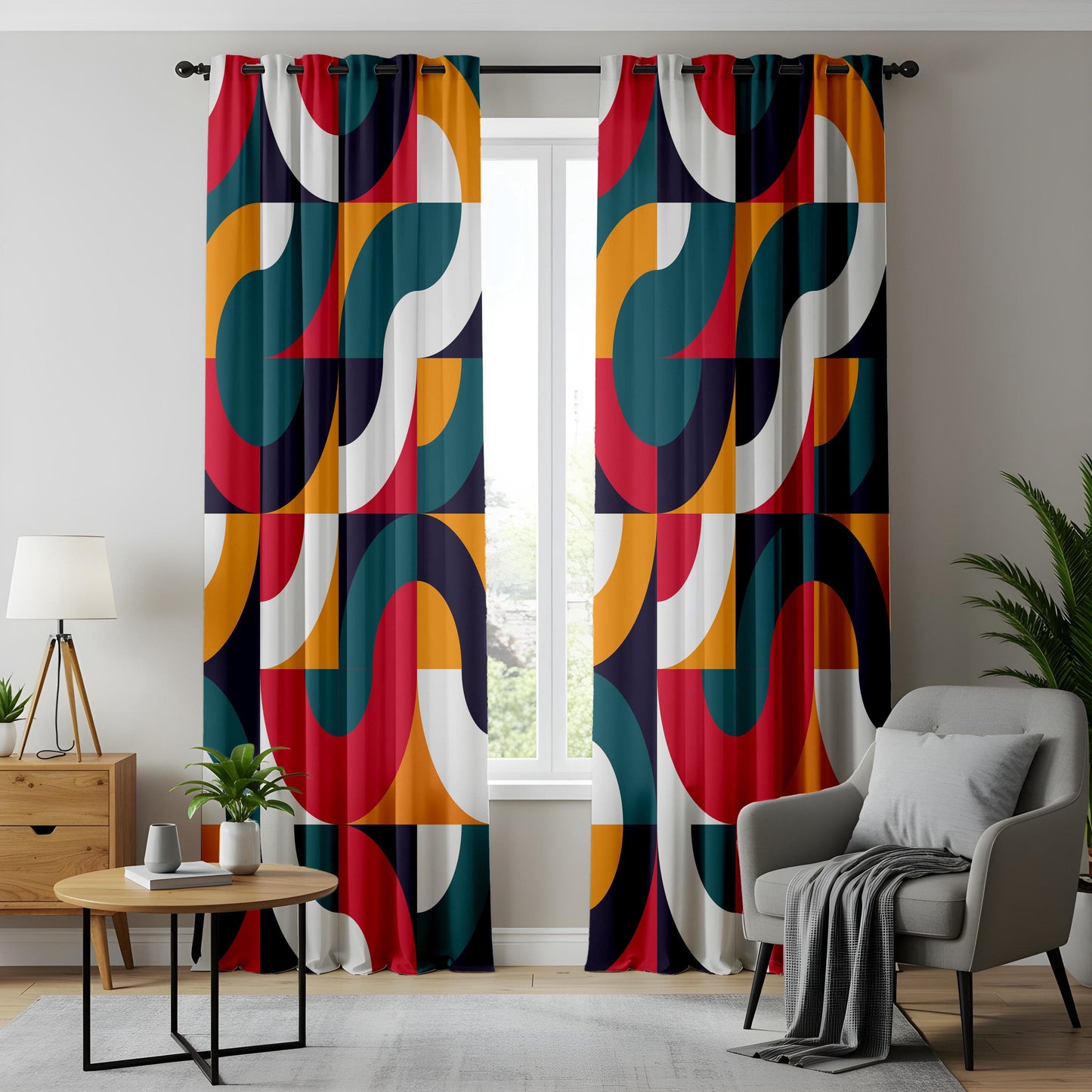 Onay Modern Geometric Living Room Curtains, Bold Retro Pattern Drapes