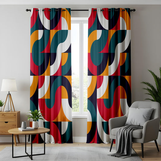 Onay Modern Geometric Living Room Curtains, Bold Retro Pattern Drapes