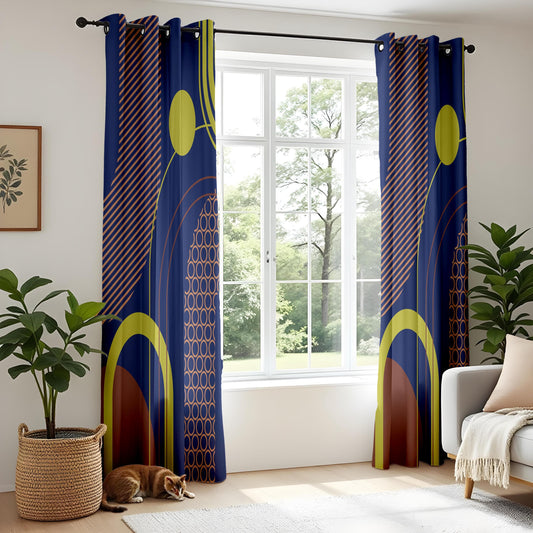 Onay Modern Geometric Living Room Curtains, Navy Blue & Yellow Abstract Drapes