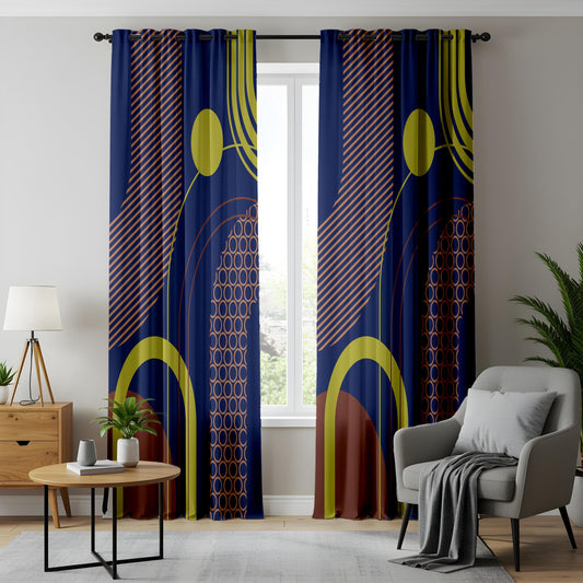 Onay Modern Geometric Living Room Curtains, Navy Blue & Yellow Abstract Drapes