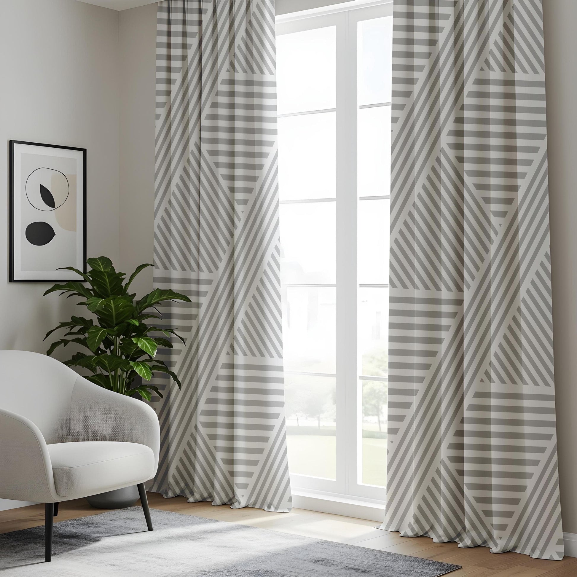 Onay Modern Geometric Striped Curtains, Minimalist Gray and White Window Drapes
