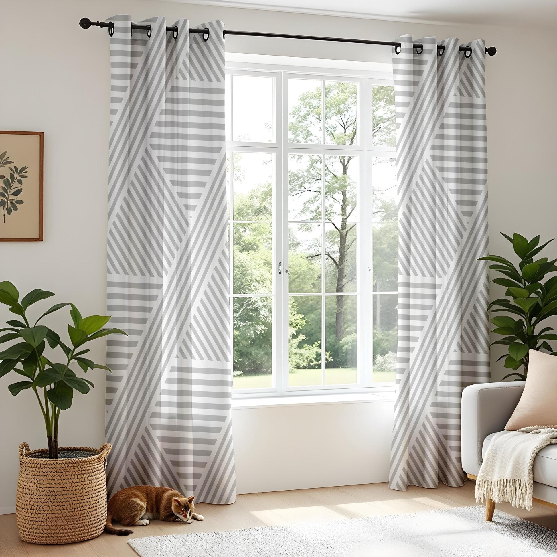Onay Modern Geometric Striped Curtains, Minimalist Gray and White Window Drapes