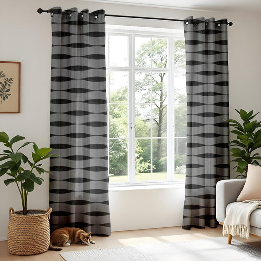 Onay Modern Gray and Black Wavy Pattern Curtains, Minimalist Geometric Window Drapes