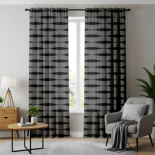 Onay Modern Gray and Black Wavy Pattern Curtains, Minimalist Geometric Window Drapes