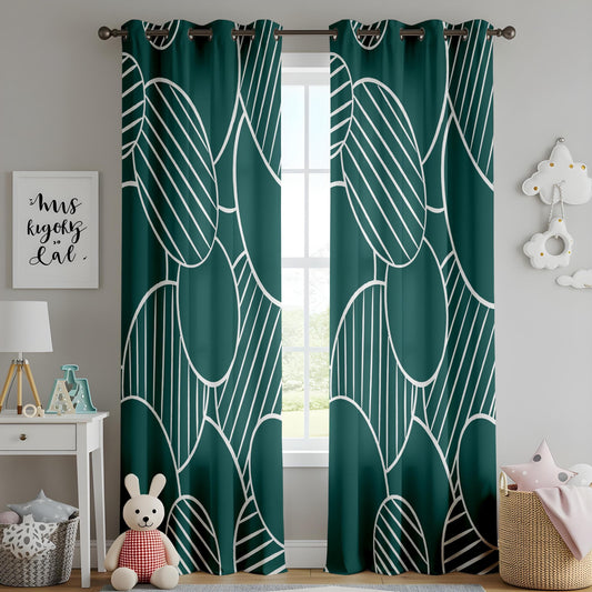 Onay Modern Green Patterned Curtains, Geometric Abstract Design Print Drapes