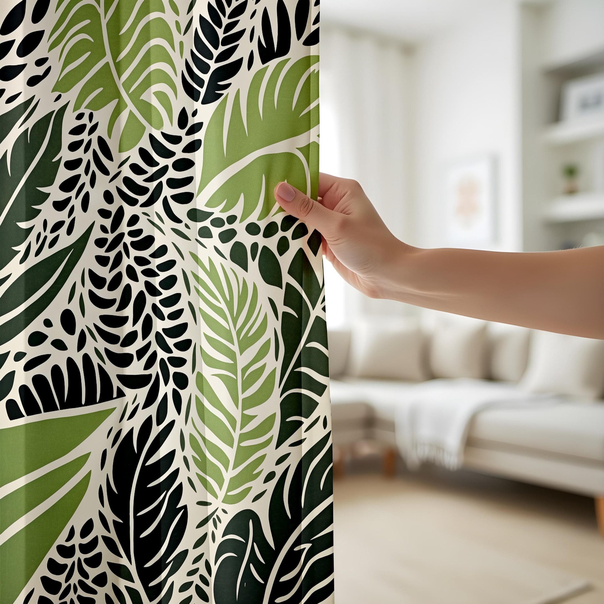 Onay Modern Jungle Leaf Print Curtains, Green and Black Botanical Drapes