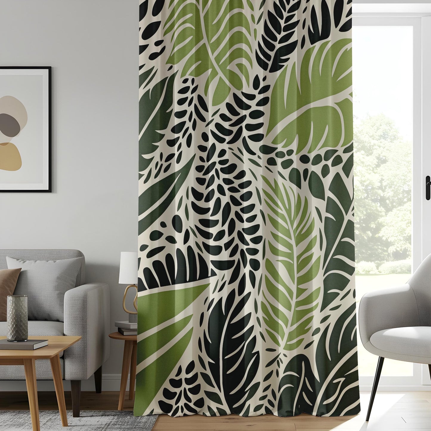Onay Modern Jungle Leaf Print Curtains, Green and Black Botanical Drapes