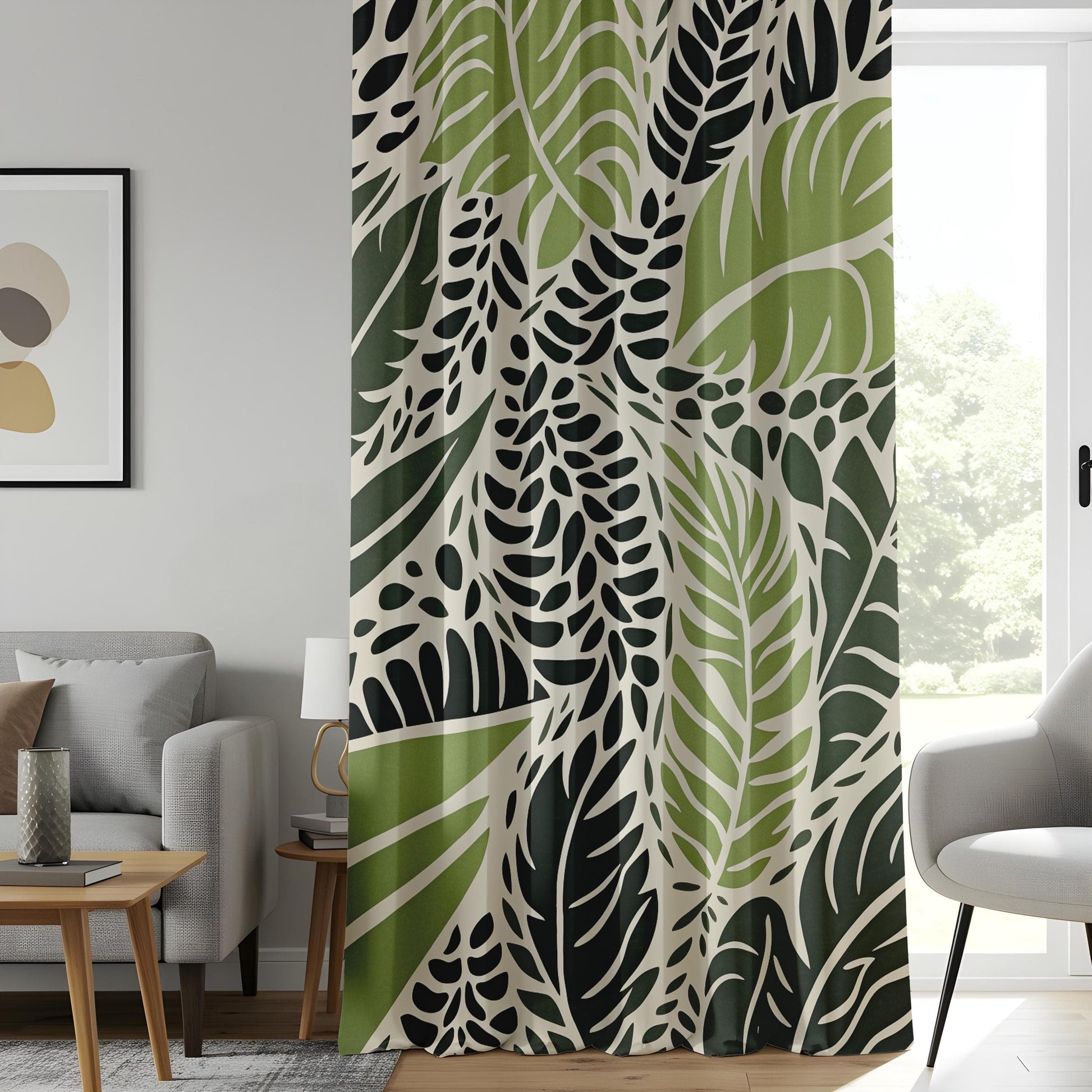 Onay Modern Jungle Leaf Print Curtains, Green and Black Botanical Drapes