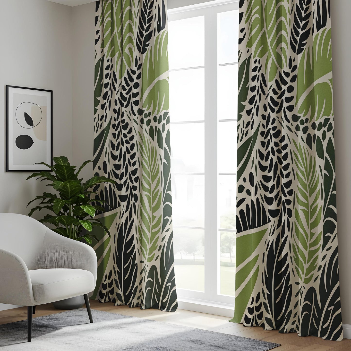 Onay Modern Jungle Leaf Print Curtains, Green and Black Botanical Drapes