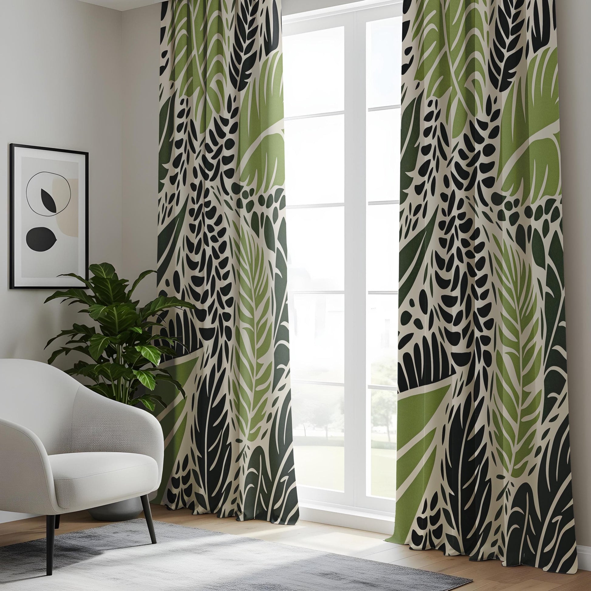 Onay Modern Jungle Leaf Print Curtains, Green and Black Botanical Drapes