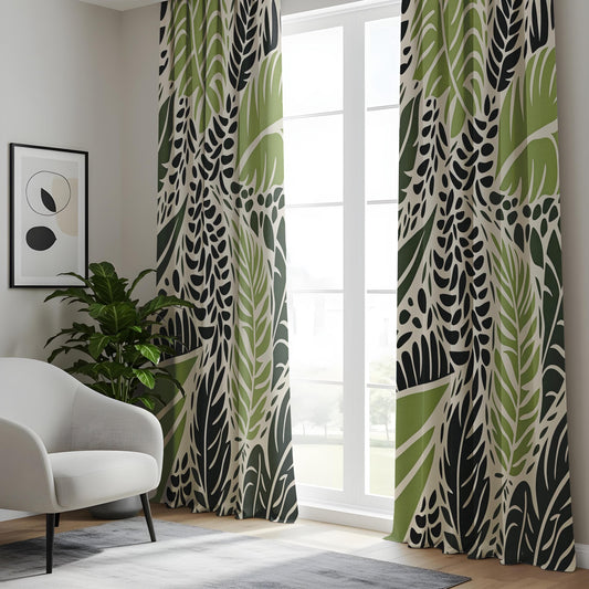 Onay Modern Jungle Leaf Print Curtains, Green and Black Botanical Drapes