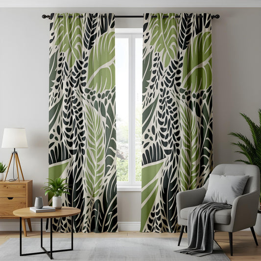 Onay Modern Jungle Leaf Print Curtains, Green and Black Botanical Drapes
