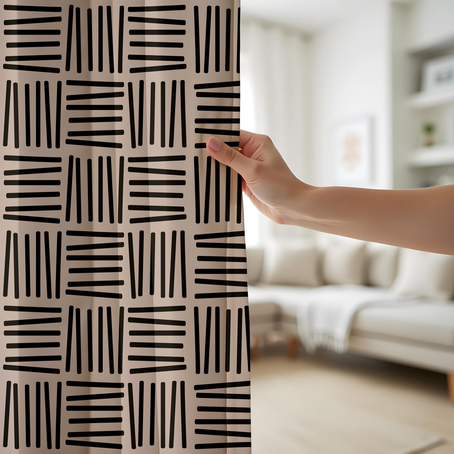Onay Modern Minimalist Geometric Curtains – Black and Beige Abstract Drapes
