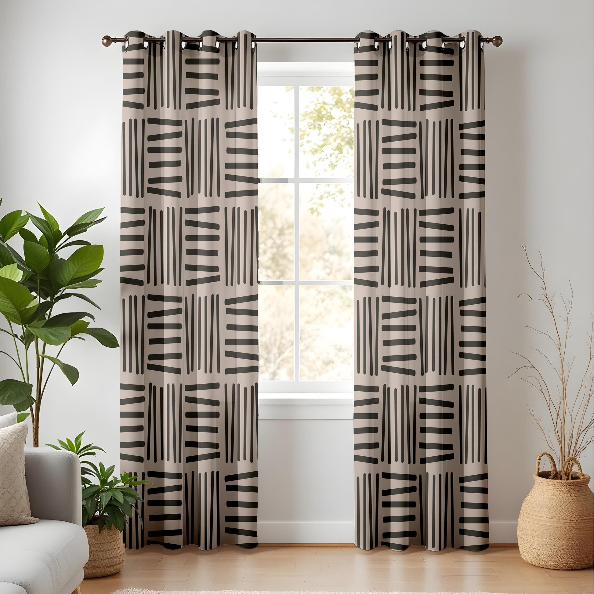 Onay Modern Minimalist Geometric Curtains – Black and Beige Abstract Drapes