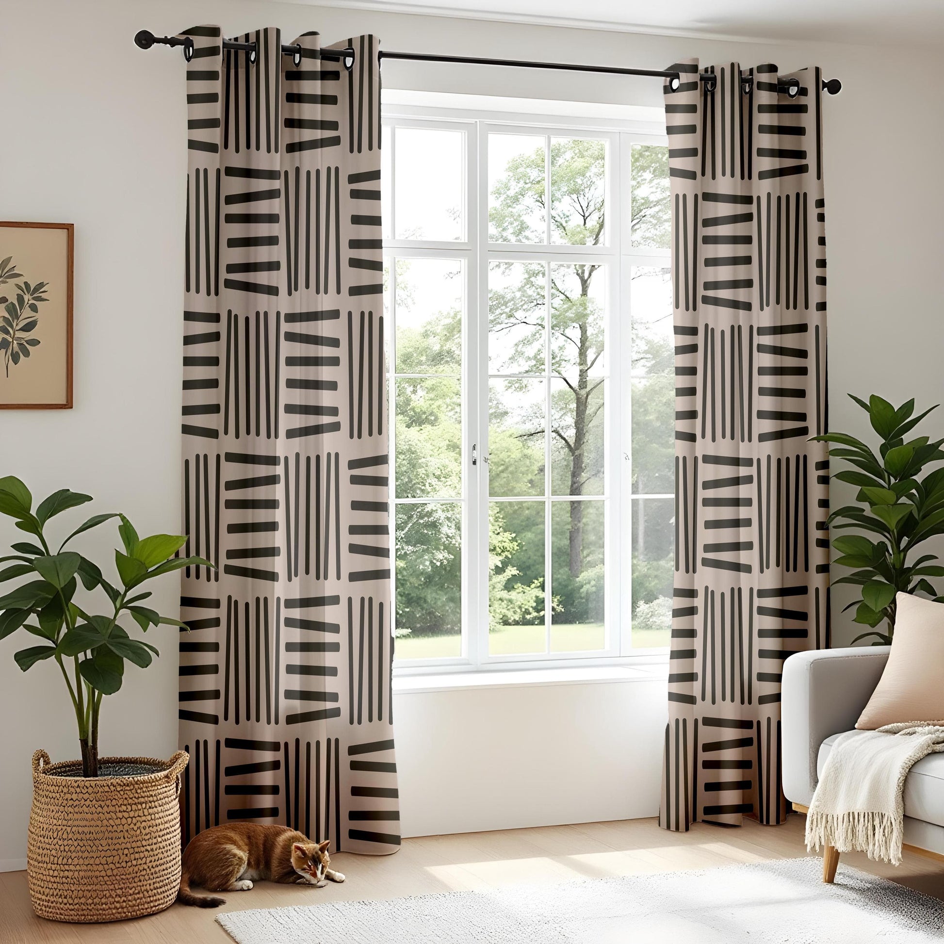 Onay Modern Minimalist Geometric Curtains – Black and Beige Abstract Drapes