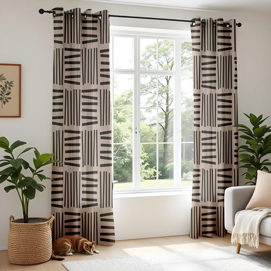 Onay Modern Minimalist Geometric Curtains – Black and Beige Abstract Drapes