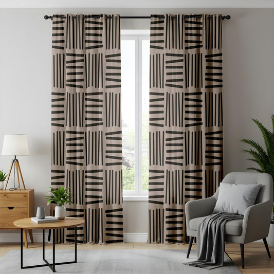 Onay Modern Minimalist Geometric Curtains – Black and Beige Abstract Drapes