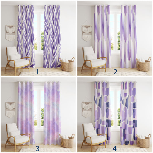 Modern Purple Abstract Curtains - Geometric & Watercolor Leaf Drapes