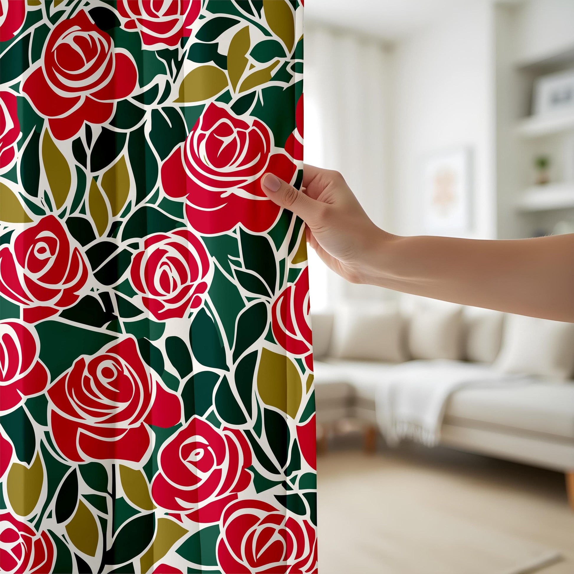 Onay Modern Red Rose Curtains – Elegant Green Botanical Drapes