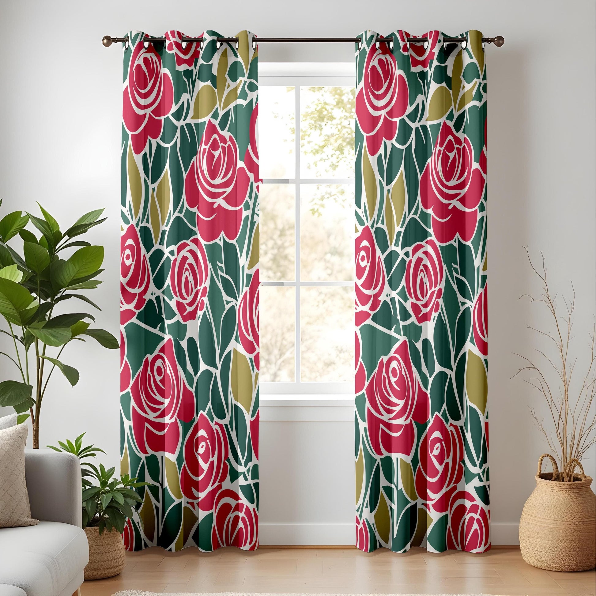Onay Modern Red Rose Curtains – Elegant Green Botanical Drapes