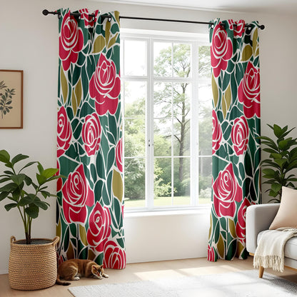 Onay Modern Red Rose Curtains – Elegant Green Botanical Drapes