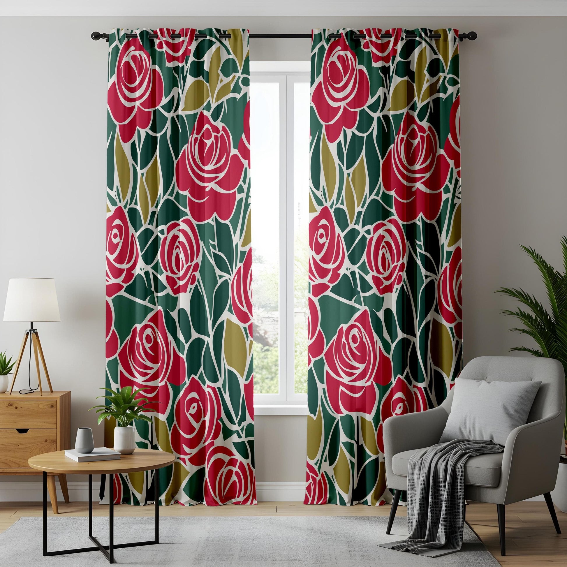 Onay Modern Red Rose Curtains – Elegant Green Botanical Drapes