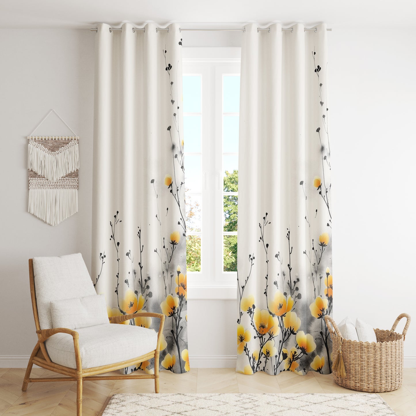 Modern Yellow Floral Curtains - Watercolor & Botanical Mid-Century Drapes