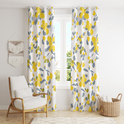 Modern Yellow Floral Curtains - Watercolor & Botanical Mid-Century Drapes