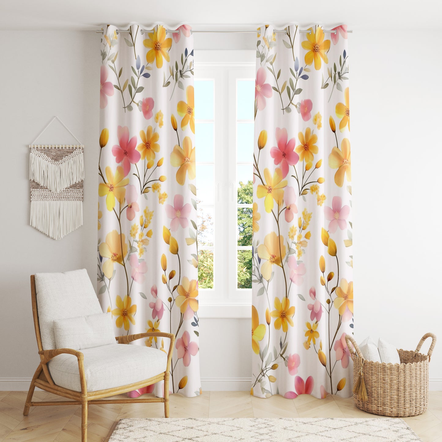 Modern Yellow Floral Curtains - Watercolor & Botanical Mid-Century Drapes