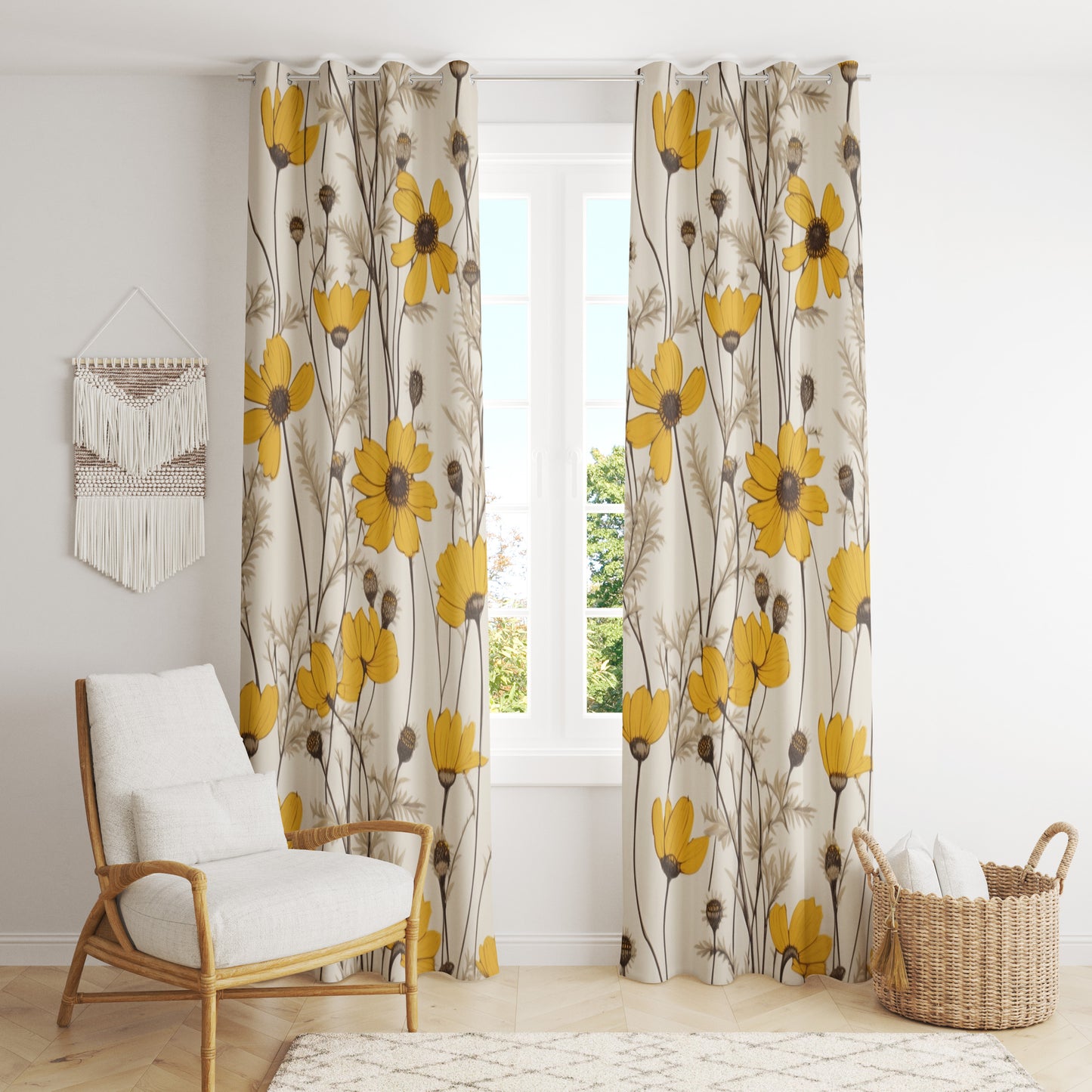 Modern Yellow Floral Curtains - Watercolor & Botanical Mid-Century Drapes