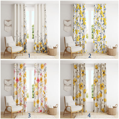 Modern Yellow Floral Curtains - Watercolor & Botanical Mid-Century Drapes