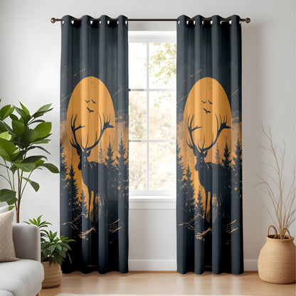 Onay Moody Forest Deer Curtains, Full Moon Silhouette Design Drapes