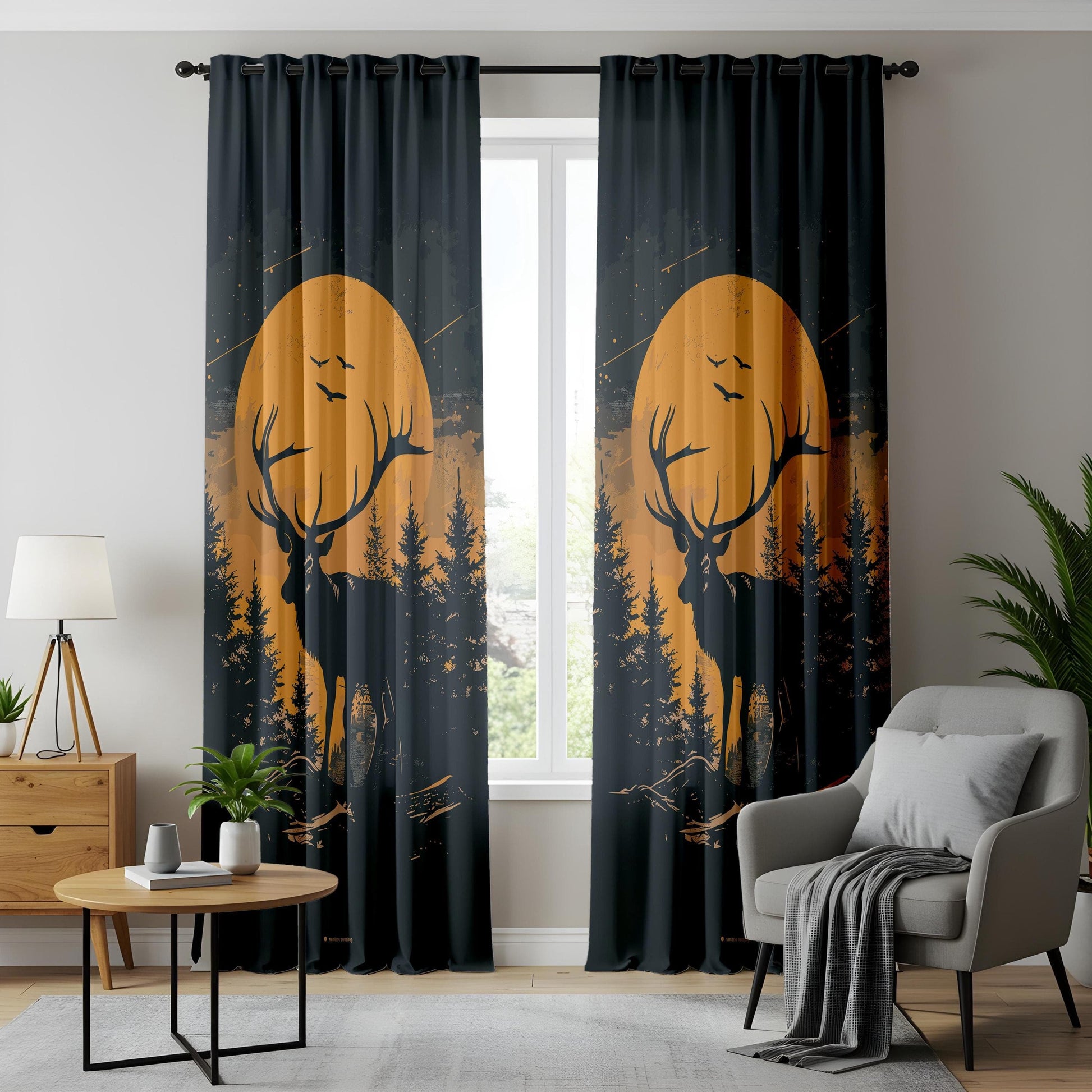 Onay Moody Forest Deer Curtains, Full Moon Silhouette Design Drapes