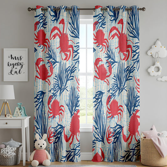Onay Nautical Crab Pattern Curtains, Coastal Beach House Window Drapes