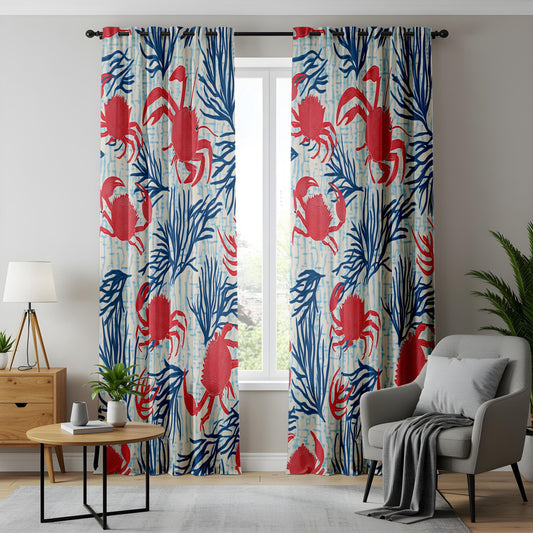 Onay Nautical Crab Pattern Curtains, Coastal Beach House Window Drapes