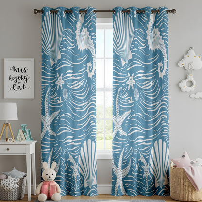 Onay Nautical Sea Life Curtains, Blue Coastal Window Drapes, Starfish and Seahorse Pattern
