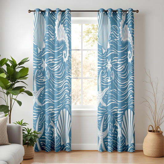 Onay Nautical Sea Life Curtains, Blue Coastal Window Drapes, Starfish and Seahorse Pattern