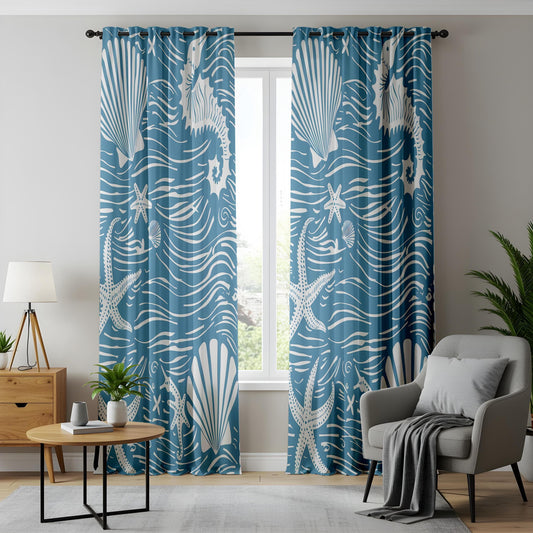 Onay Nautical Sea Life Curtains, Blue Coastal Window Drapes, Starfish and Seahorse Pattern