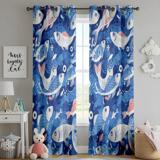 Onay Nautical Water-Themed Window Curtains, Elegant Koi Fish Pattern Drapes