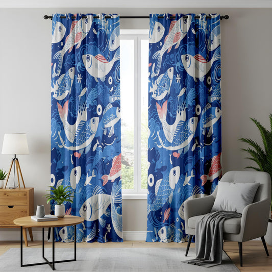 Onay Nautical Water-Themed Window Curtains, Elegant Koi Fish Pattern Drapes