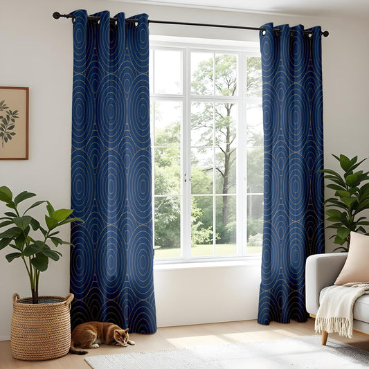Onay Navy and Gold Geometric Curtains – Elegant Art Deco Circle Pattern Drapes for Living Room