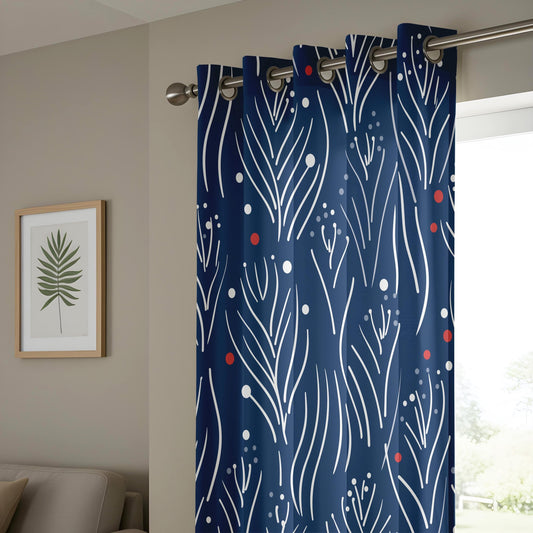 Onay Navy Blue Festive Botanical Curtains, Modern Red and White Accents