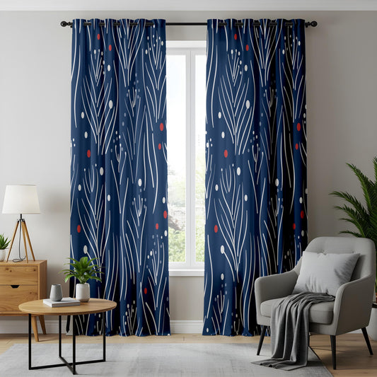 Onay Navy Blue Festive Botanical Curtains, Modern Red and White Accents