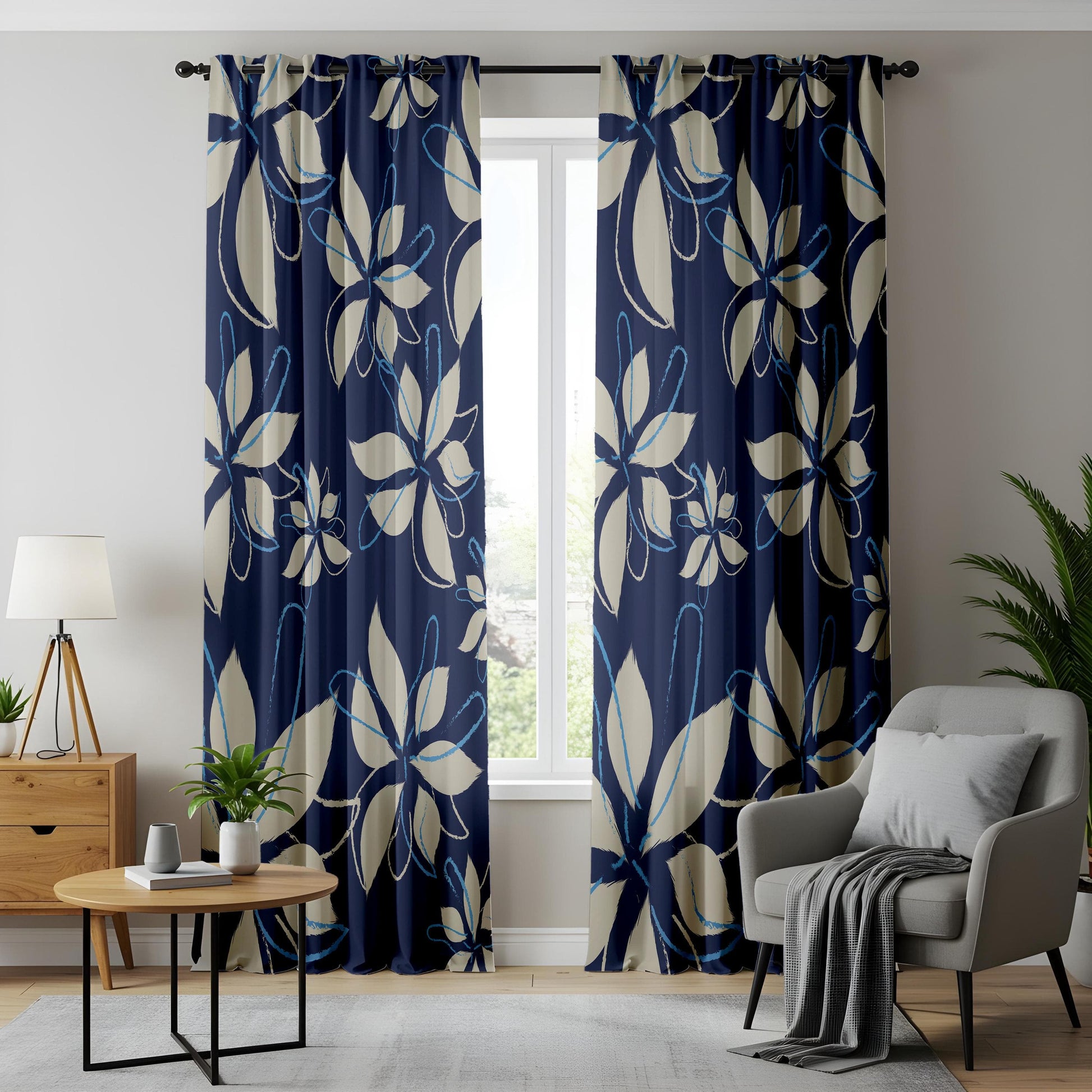 Onay Navy Blue Floral Curtains Hand-Drawn Botanical Drapes