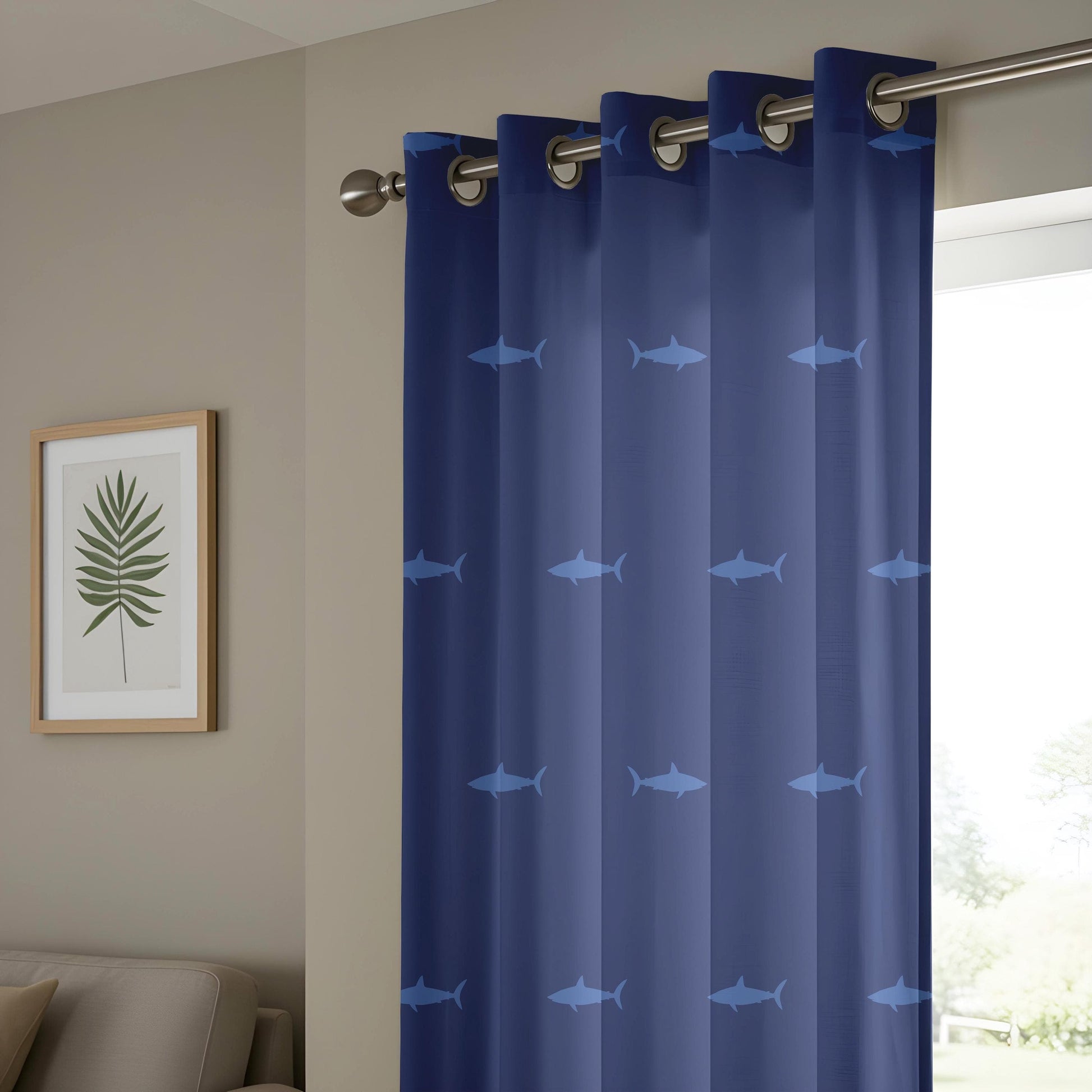 Onay Navy Blue Shark Curtains – Ocean-Themed Drapes with Marine Animal Pattern for Coastal Living Room