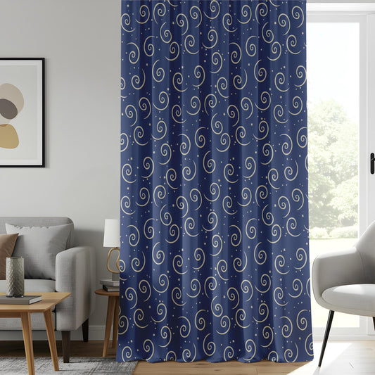 Onay Navy Blue Swirl Pattern Curtains, Elegant and Playful Design