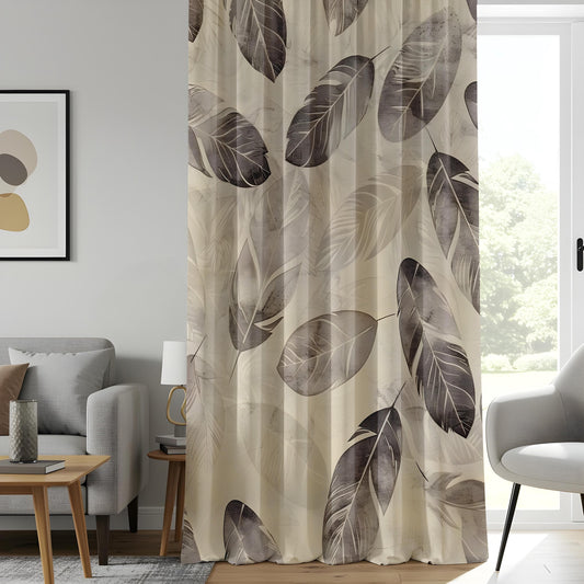 Onay Neutral Toned Leaf Pattern Window Curtains, Elegant Nature-Inspired Drapes
