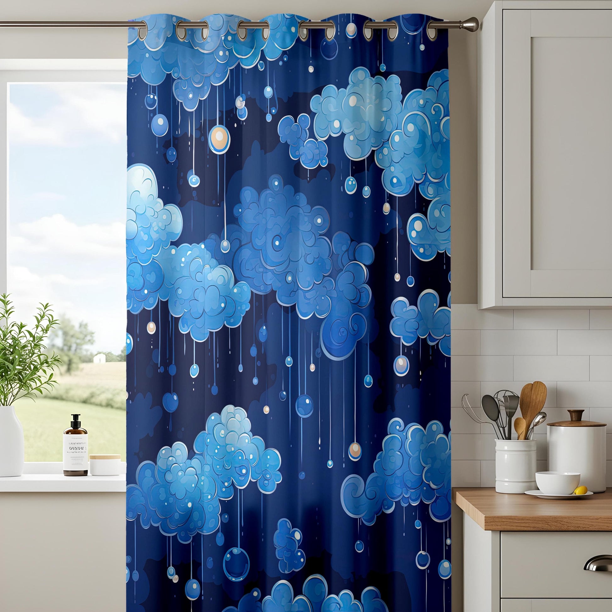 Onay Night Sky Cloud Curtains for Kids Room, Dreamy Blue Rain Window Drapes