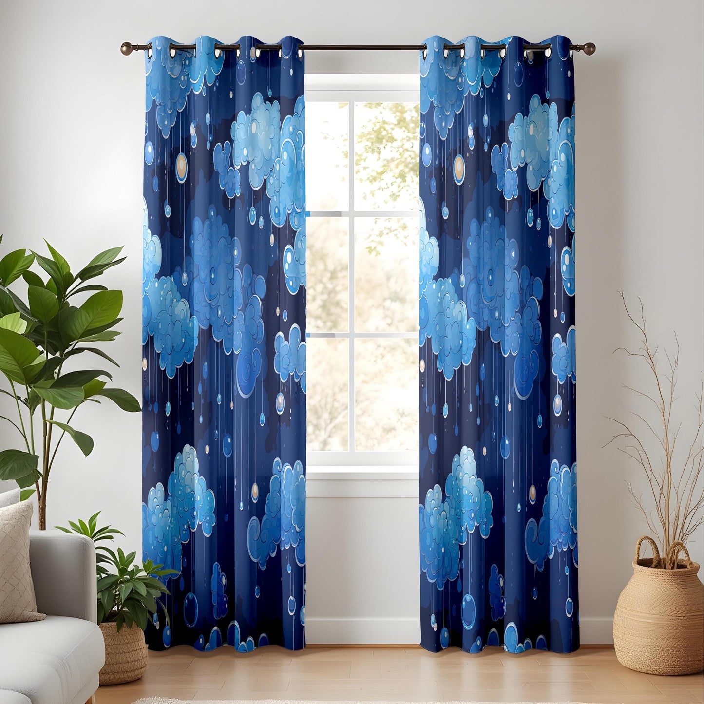 Onay Night Sky Cloud Curtains for Kids Room, Dreamy Blue Rain Window Drapes