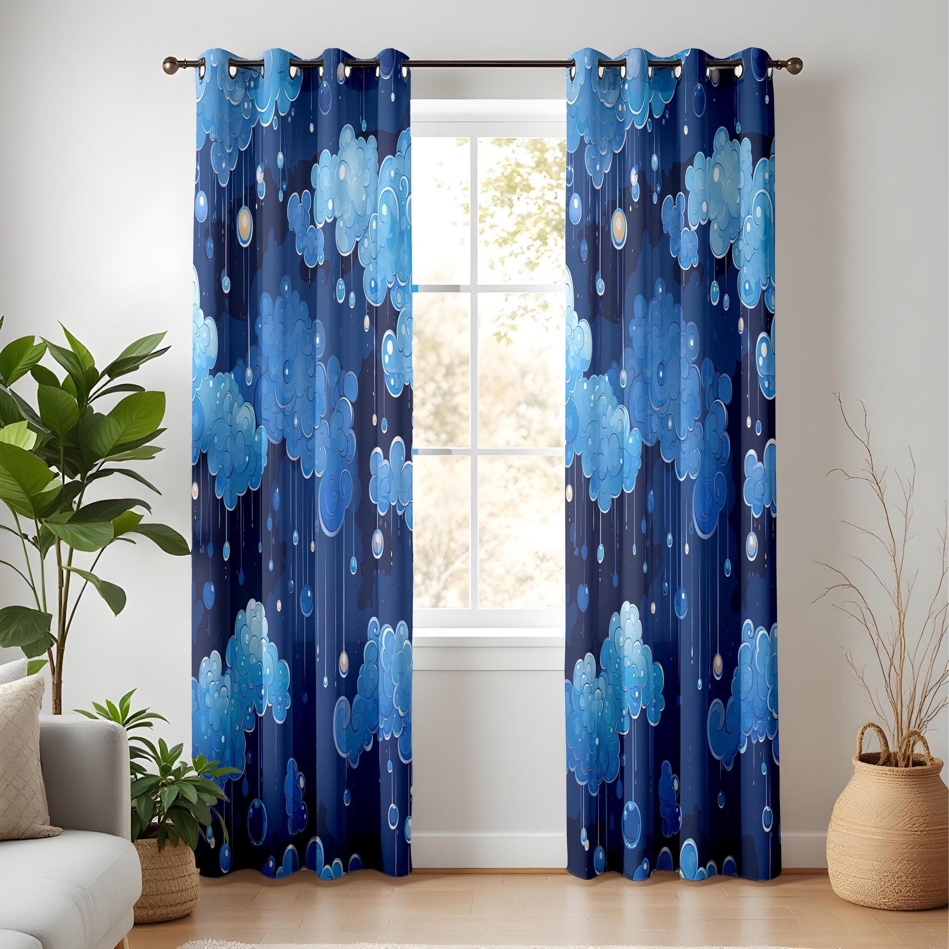 Onay Night Sky Cloud Curtains for Kids Room, Dreamy Blue Rain Window Drapes